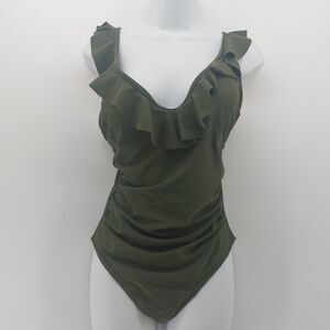 Hilor Women's Swimsuit Military Green Ruffled V-neck Summer Pool Beach Sz Large